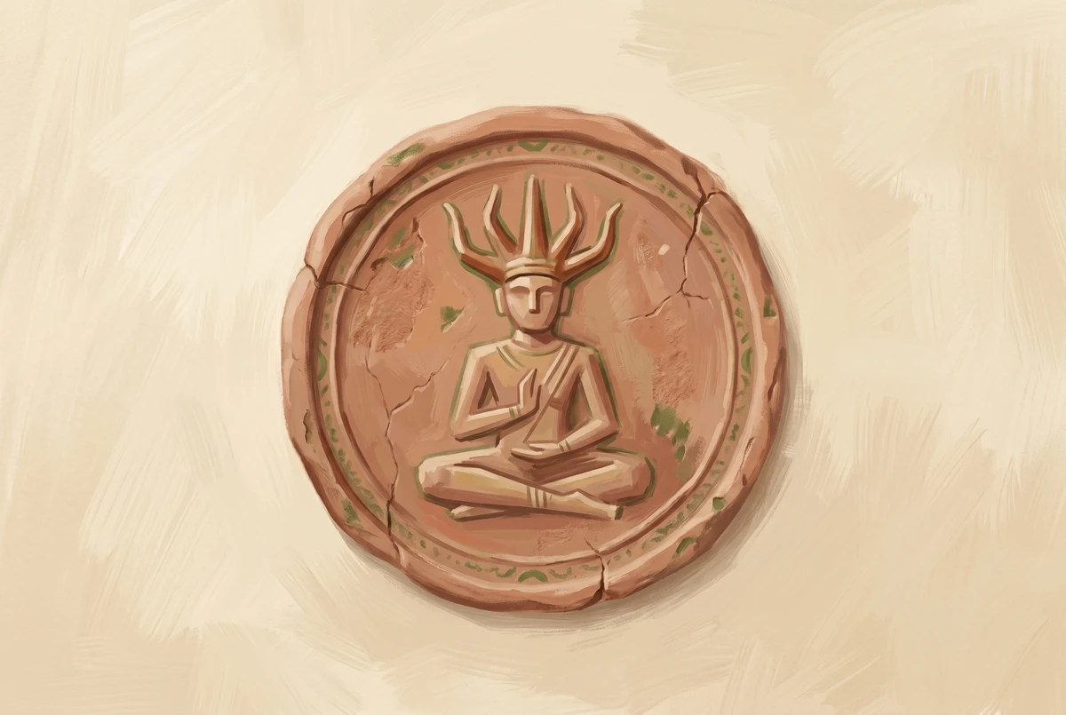 Ancient terracotta-style seal depicting a cross-legged figure in yogic seated posture