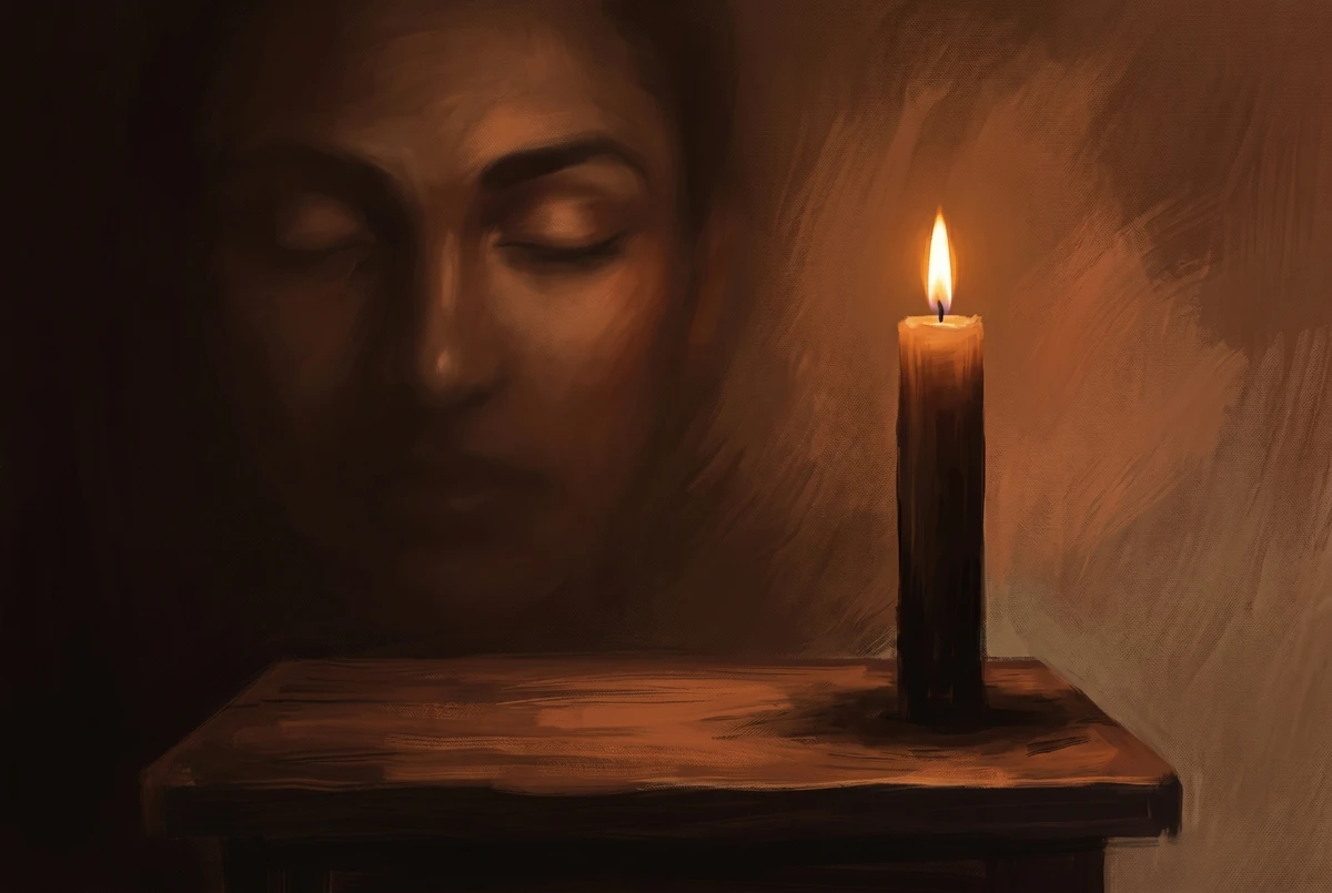 Single candle flame on a wooden surface with the soft silhouette of a meditator gazing steadily