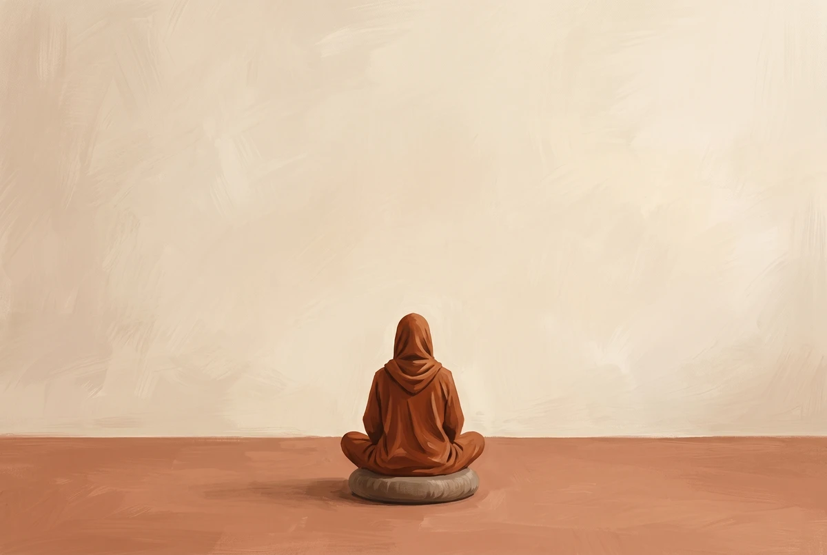 Seated figure viewed from behind in cross-legged posture facing a blank cream wall