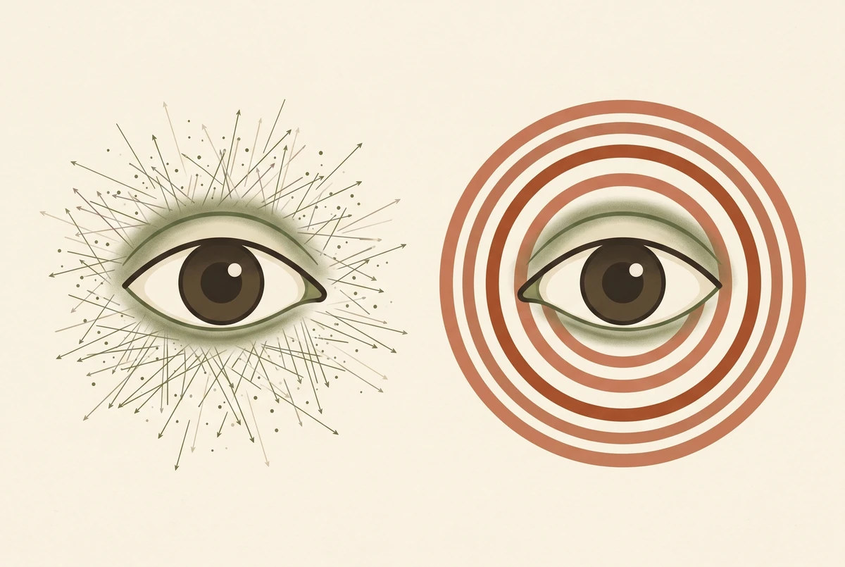 Two stylized eyes on a cream background — one surrounded by scattered motion lines, the other still within calm concentric rings