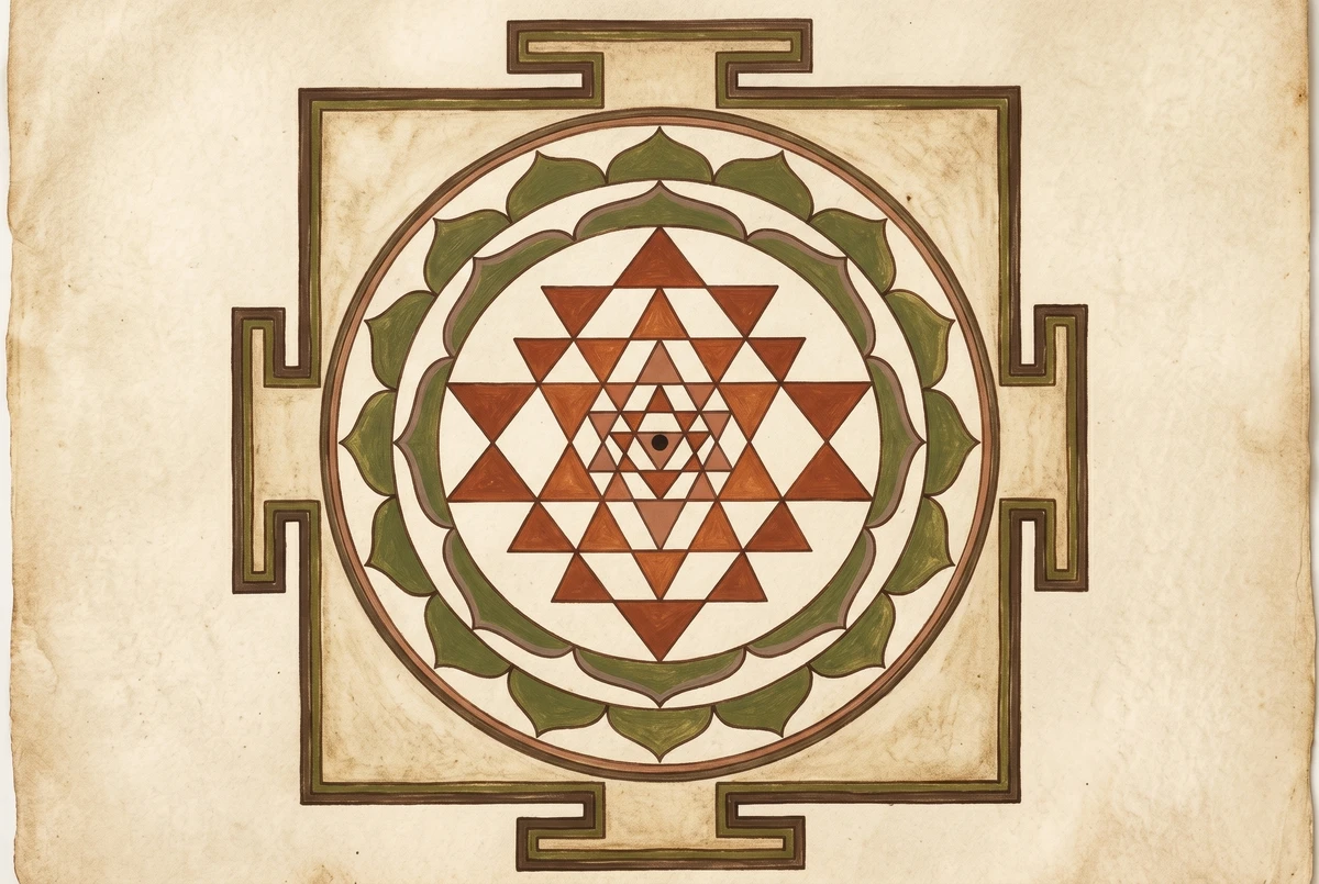 A Sri Yantra diagram painted in earthy sienna on cream parchment, with nine interlocking triangles radiating from a central bindu
