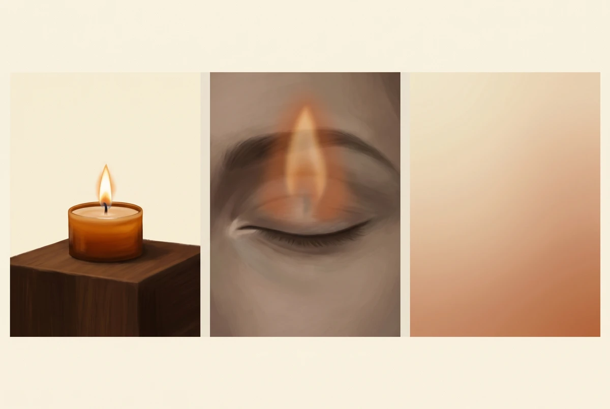 A triptych showing the progression of concentration meditation from an external candle flame to an internal afterimage to formless open space