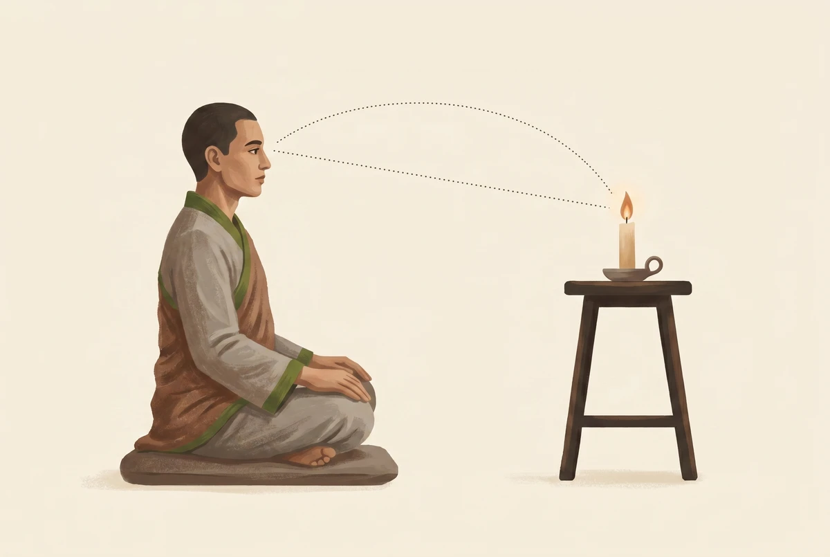Side view of a seated meditator with a straight spine facing a candle on a low stool at arm's length and eye level