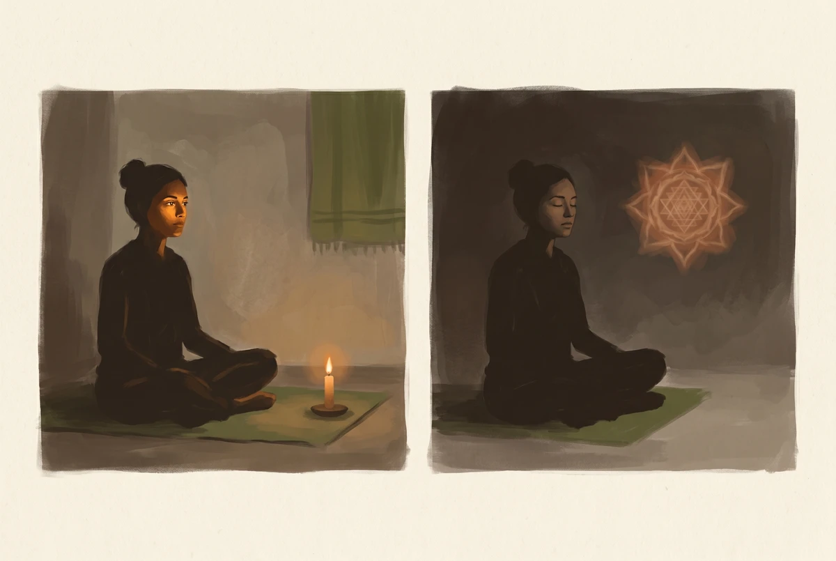 A diptych showing a practitioner gazing at a candle flame and then holding its afterimage with closed eyes