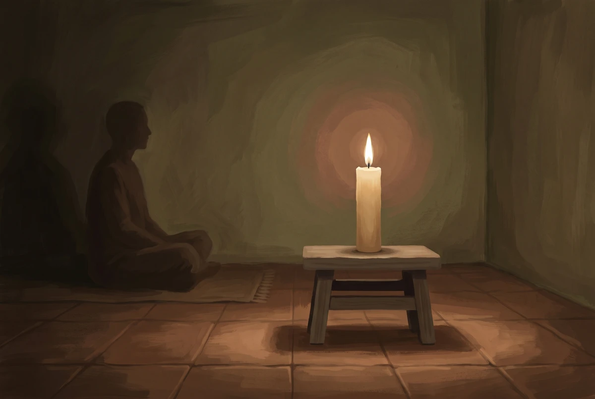 A candle on a low stool with its steady flame at eye level of a seated practitioner in a dim room