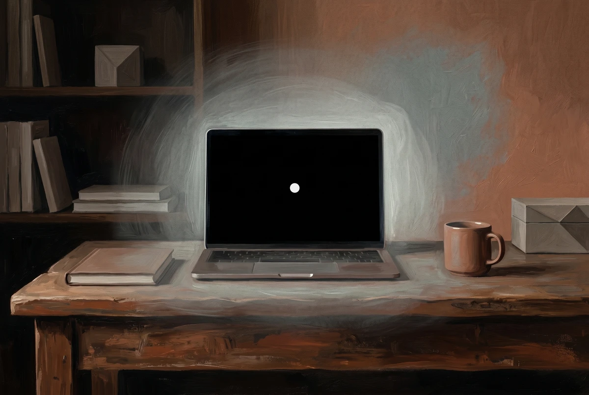 A laptop in a dim room showing a white dot on black with screen backlight bleeding a diffuse halo around it