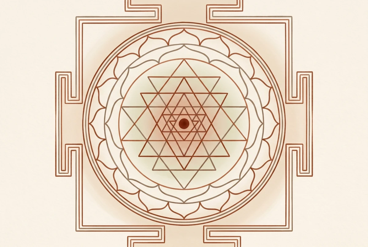A sri yantra with interlocking triangles and lotus petals drawing the eye toward the central bindu