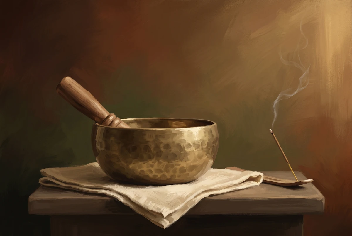 A hammered brass Tibetan singing bowl with a wooden striker resting on a folded cream cloth beside a stick of incense with rising smoke.