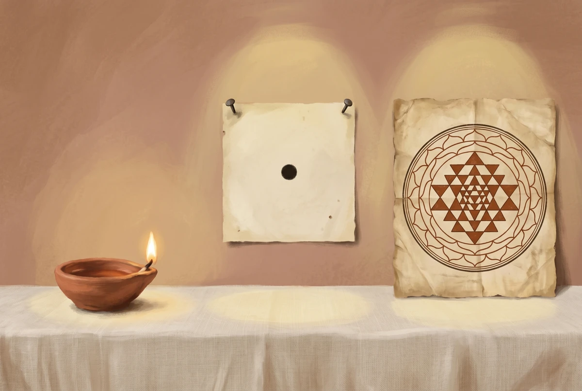 Three trataka gazing objects arranged in a progression from simple to complex: a clay oil lamp with a single flame, a black bindu dot on cream paper, and a Sri Yantra diagram in sienna ink.