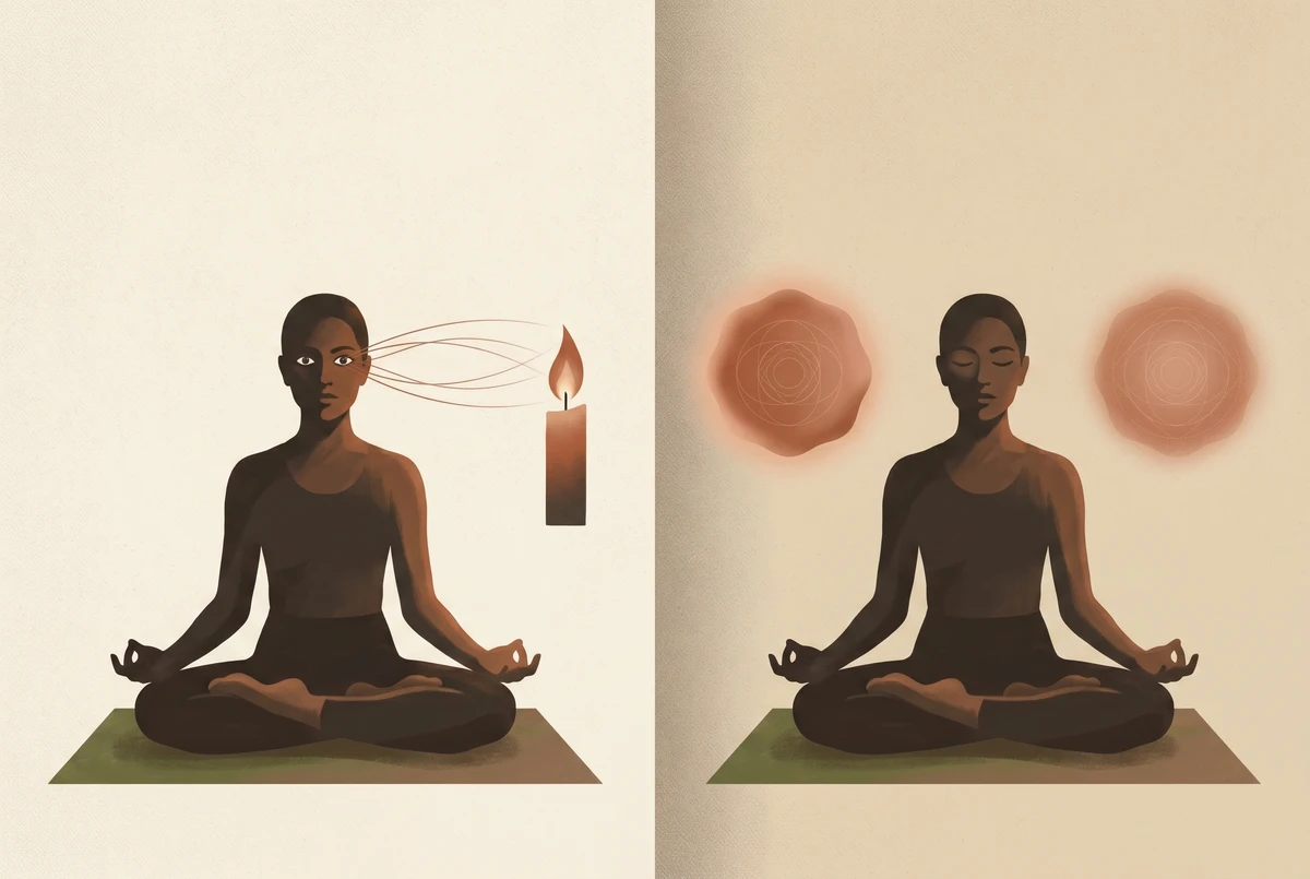 A two-panel illustration contrasting external gazing at a candle flame with eyes open and internal focus on the afterimage with eyes closed