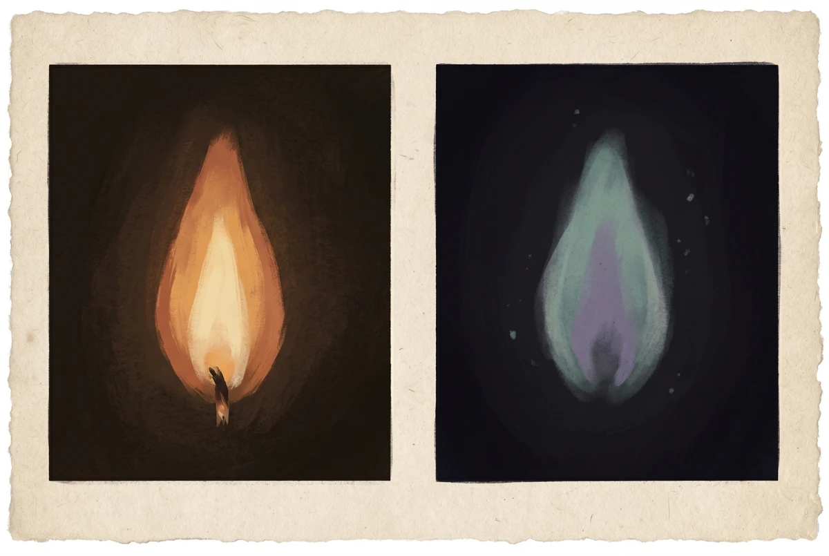 A warm orange candle flame shown next to its blue-green and purple complementary-color afterimage floating in darkness