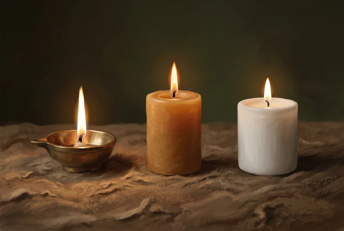 A brass ghee diya, a beeswax pillar candle, and a soy candle arranged side by side, each burning with a steady flame