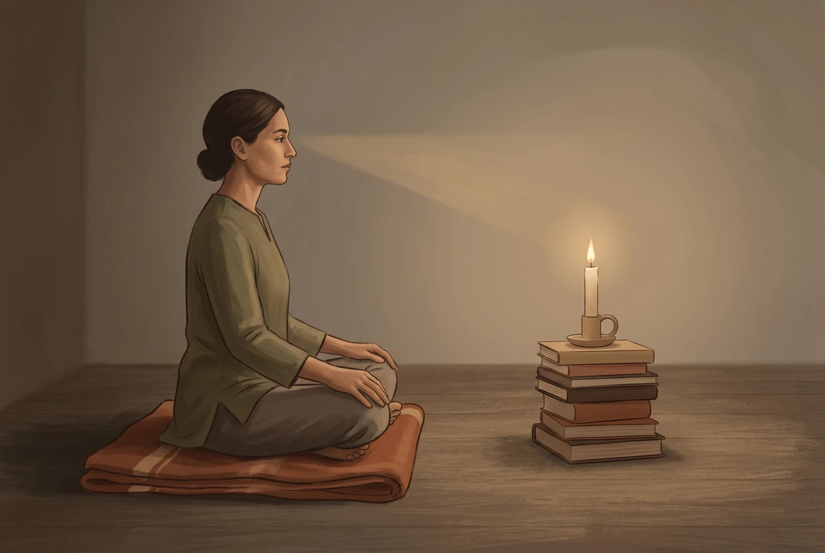 A seated practitioner in profile gazing at a candle placed on a short stack of books at eye level, roughly arm's length away