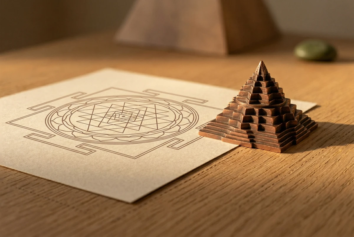 Seitenvergleich eines flach gedruckten Sri Yantra auf Papier neben einer dreidimensionalen Meru-Pyramide aus Kupfer, der den Kontrast zwischen den beiden Formen zeigt