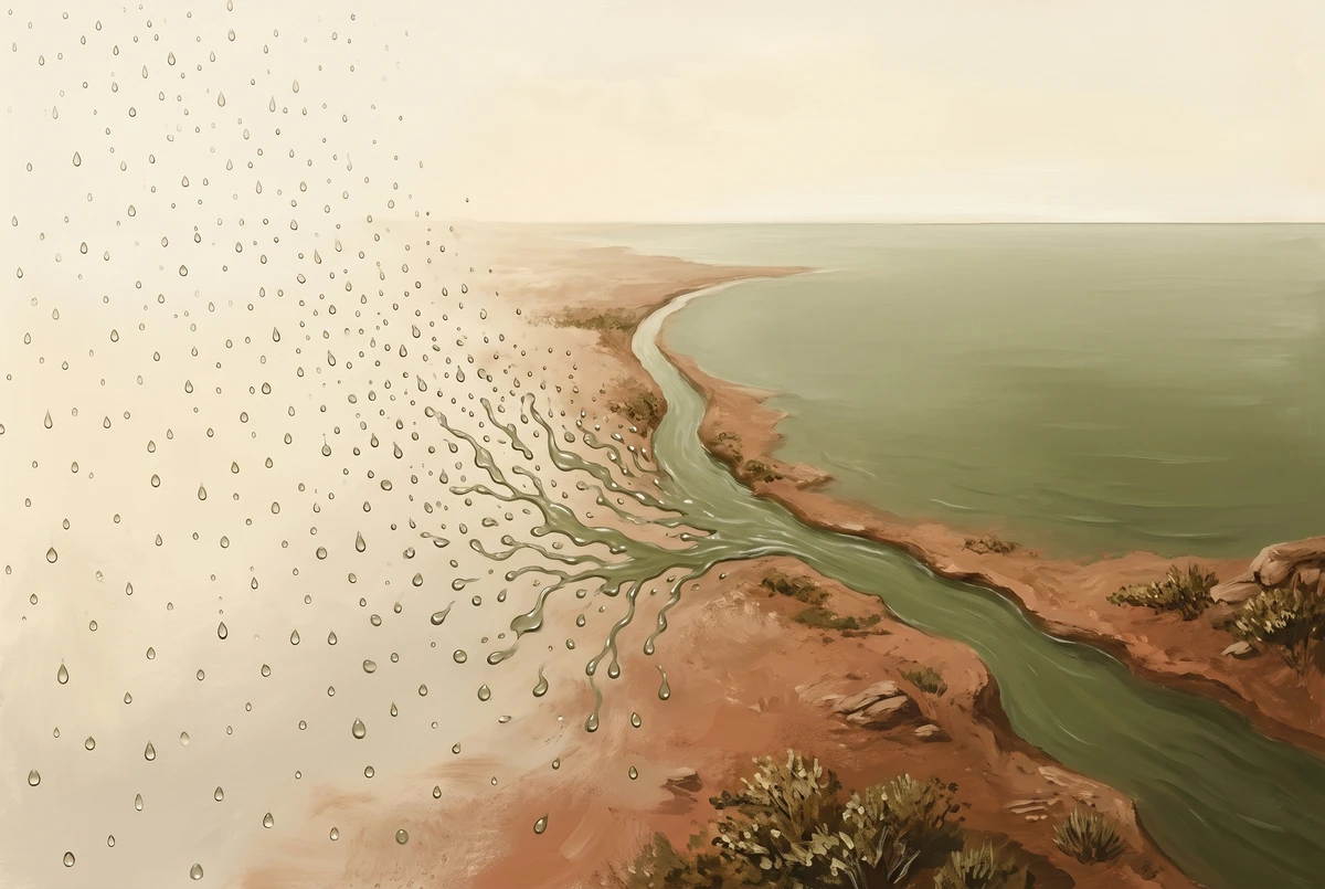 Painterly illustration of water progressing from falling drops to a continuous stream to a calm ocean, illustrating the classical analogy for dharana, dhyana, and samadhi