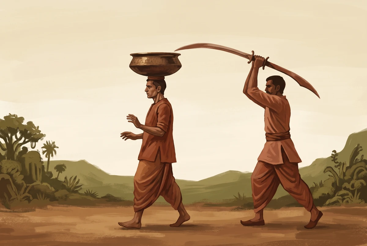 A man carefully carrying a vessel of water on his head while a second figure walks behind him holding a raised sword, illustrating the Mokshadharma metaphor for dharana