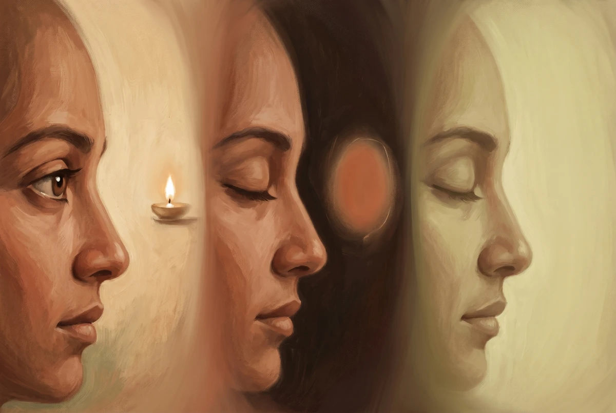 Painterly triptych showing trataka progressing from an open-eyed gaze at a flame, to a closed-eye afterimage, to a formless luminous field of light