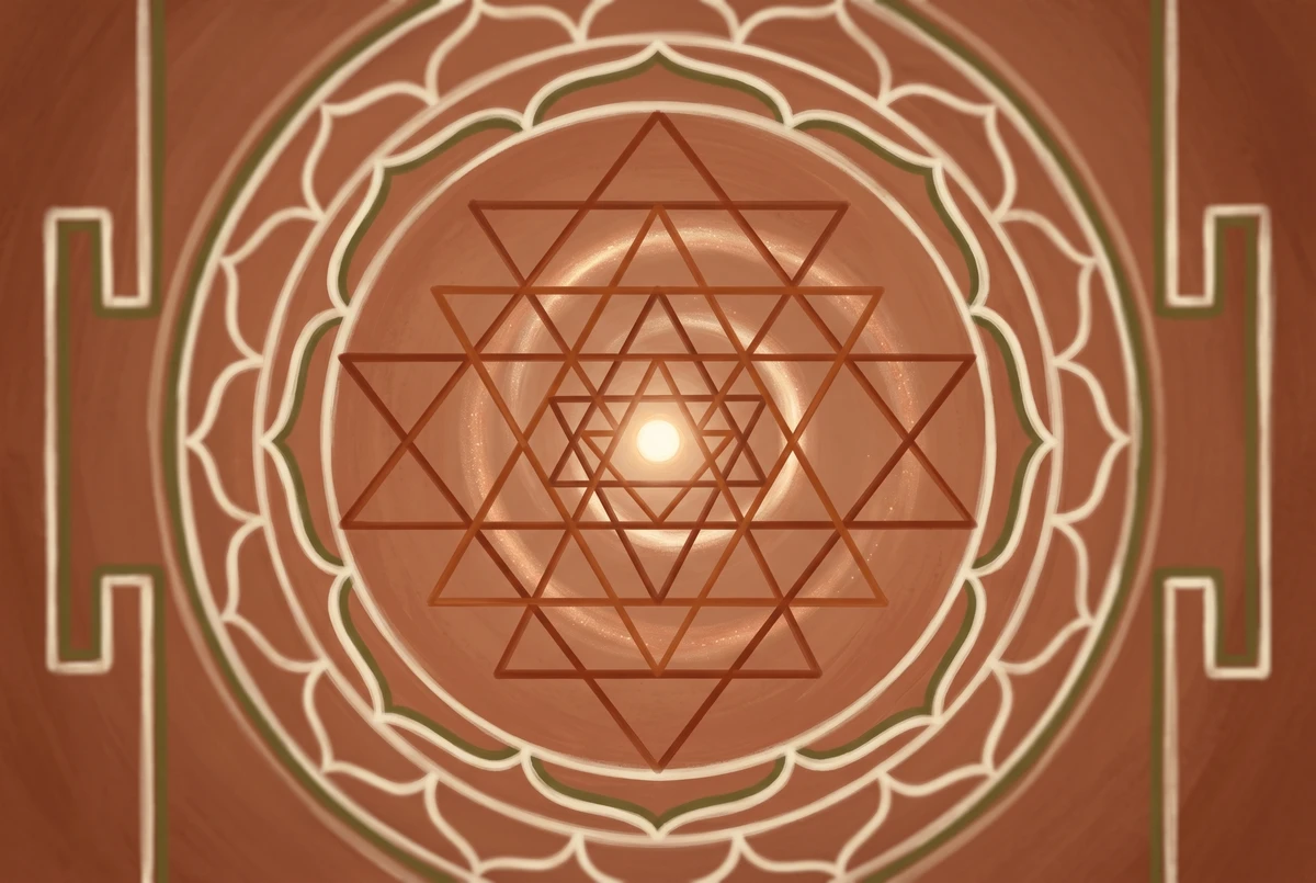 Painterly close-up of a Sri Yantra with its outer lotus soft, its central triangles crisp, and a bright glowing bindu point at the center, with a faint inward spiral suggesting focal convergence