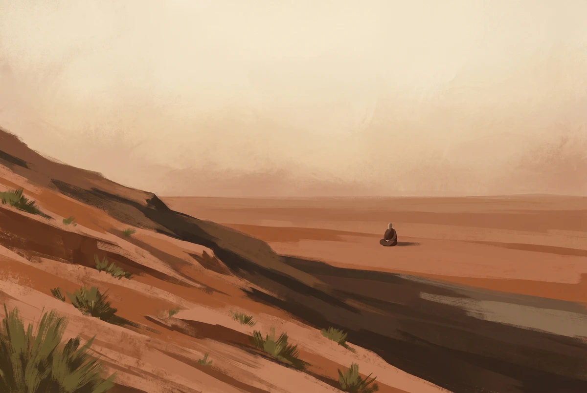 An earth-toned landscape where a rising slope abruptly flattens into a vast plateau, with a single small figure seated alone on the flat expanse