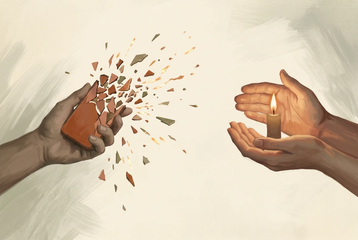 One hand holding a phone that is shattering into scattered shards of light while another hand cups a single steady candle flame