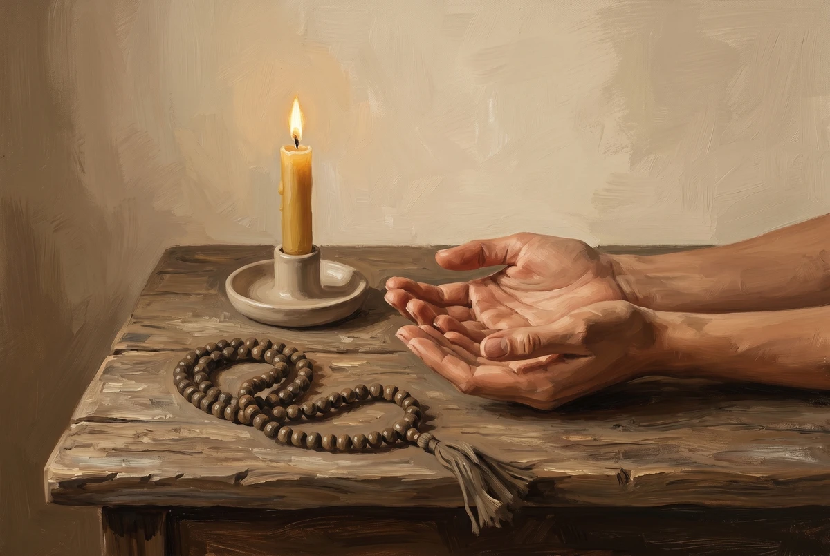A still life on weathered wood showing a single lit candle, a pair of softly cupped resting hands, and a loose strand of wooden mala beads in warm morning light