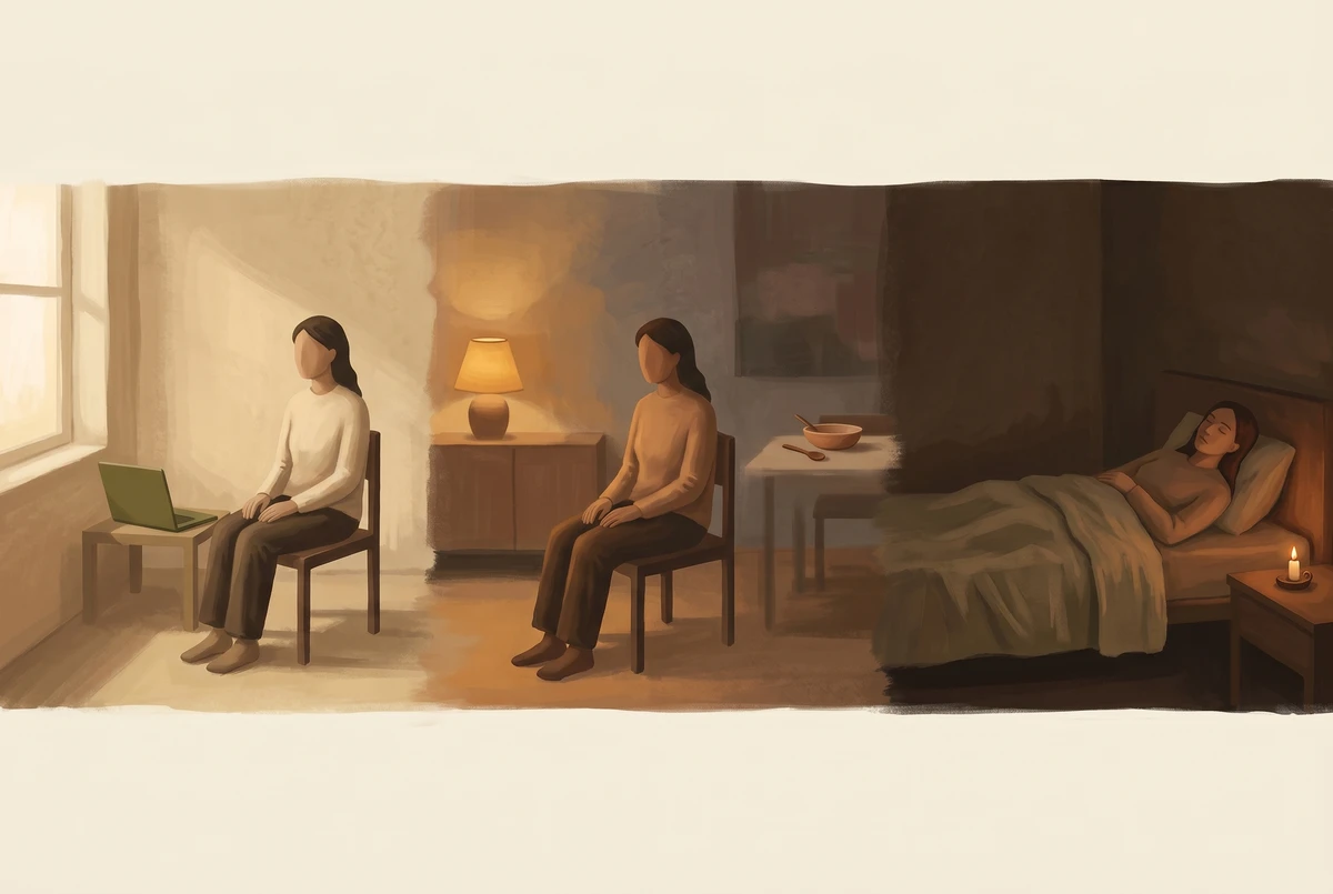 Three side-by-side scenes showing evening meditation windows: after work, after dinner, and in bed at lights-out