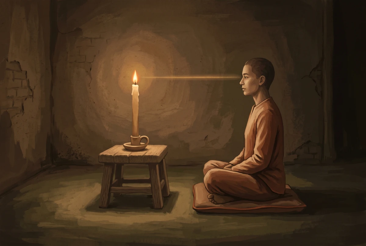 Side view of a seated meditator gazing at a candle flame placed at arm's length and eye level