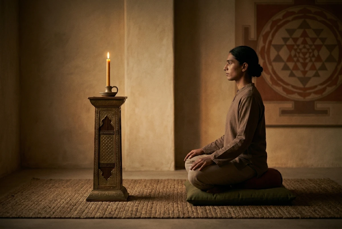 Seitenansicht des korrekten Kerzen-Trataka-Aufbaus mit der Flamme auf Augenhöhe, etwa eine Armlänge vom Meditierenden entfernt