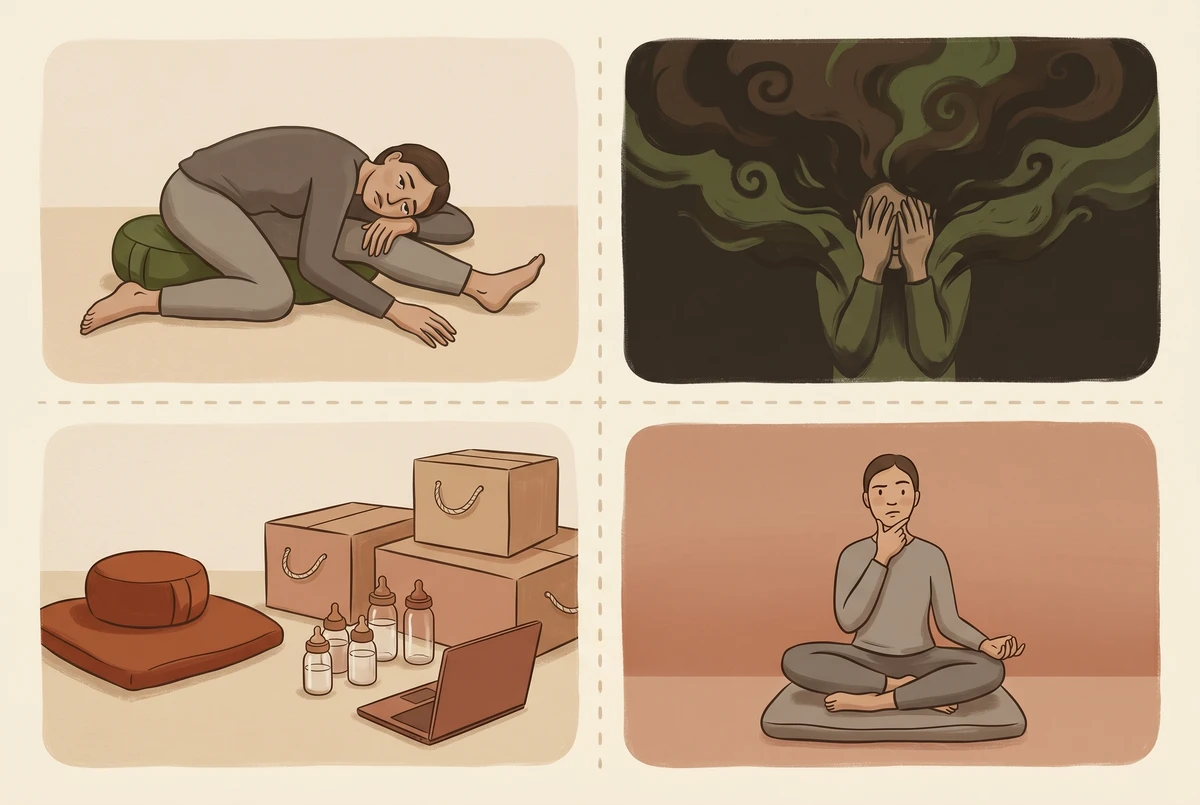 Four small painterly vignettes illustrating the four reasons people quit meditation: boredom, overwhelm, life disruption, and nothing happening