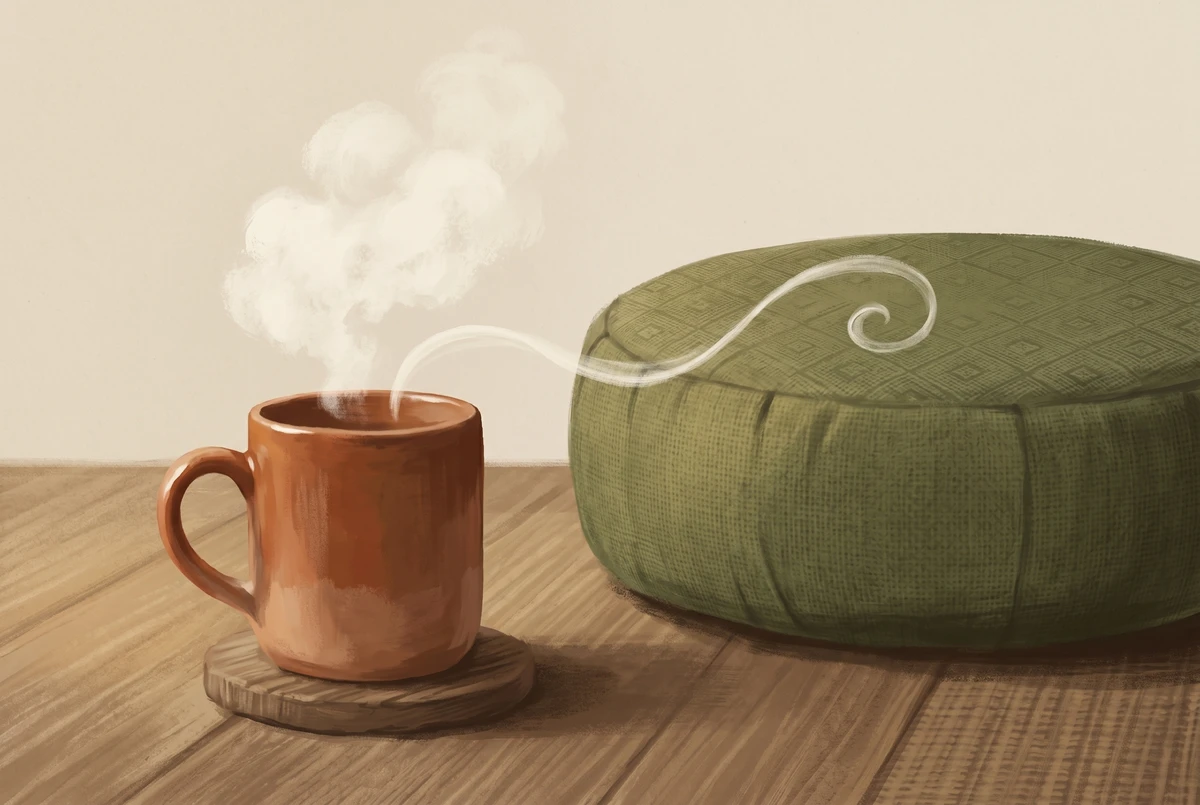 A steaming coffee mug on a table next to a meditation cushion on the floor, linked by a curl of steam, illustrating anchoring meditation to a daily routine
