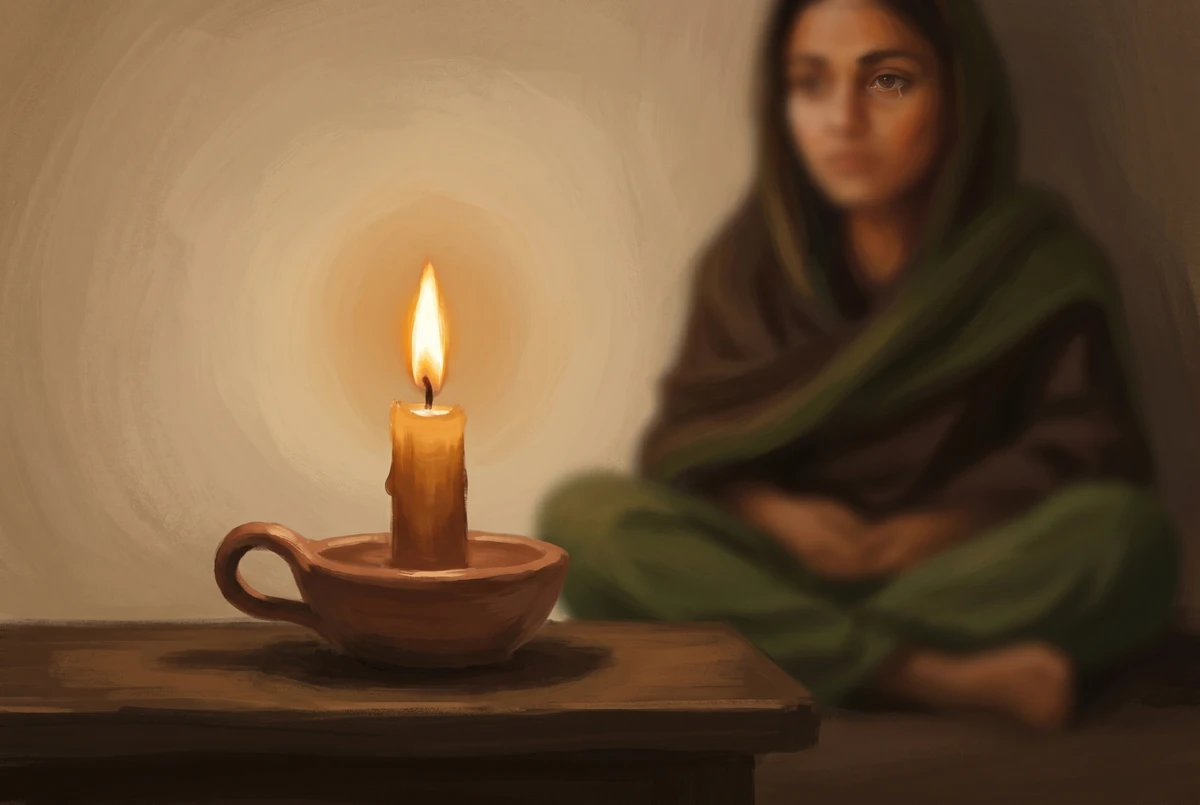 A lit candle at arm's length with a softly blurred figure in the background steadily gazing at the flame, illustrating trataka as an external anchor