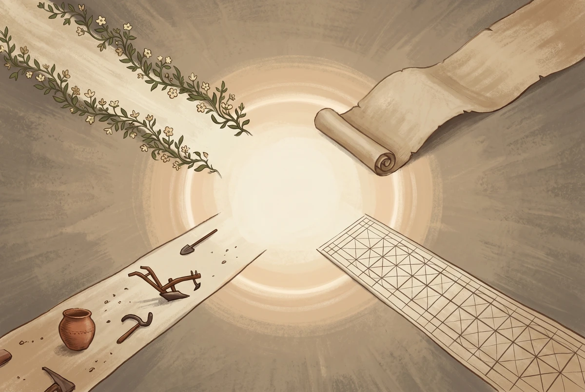 Four distinct paths converging on a single luminous center, each marked with different symbolic objects representing bhakti, jnana, raja, and karma yoga