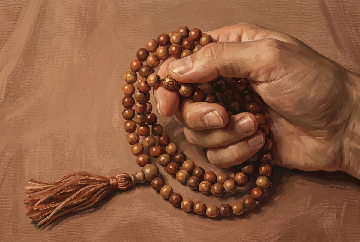 A hand paused mid-count on a wooden mala of 108 beads resting on earthy cloth, illustrating japa mantra repetition