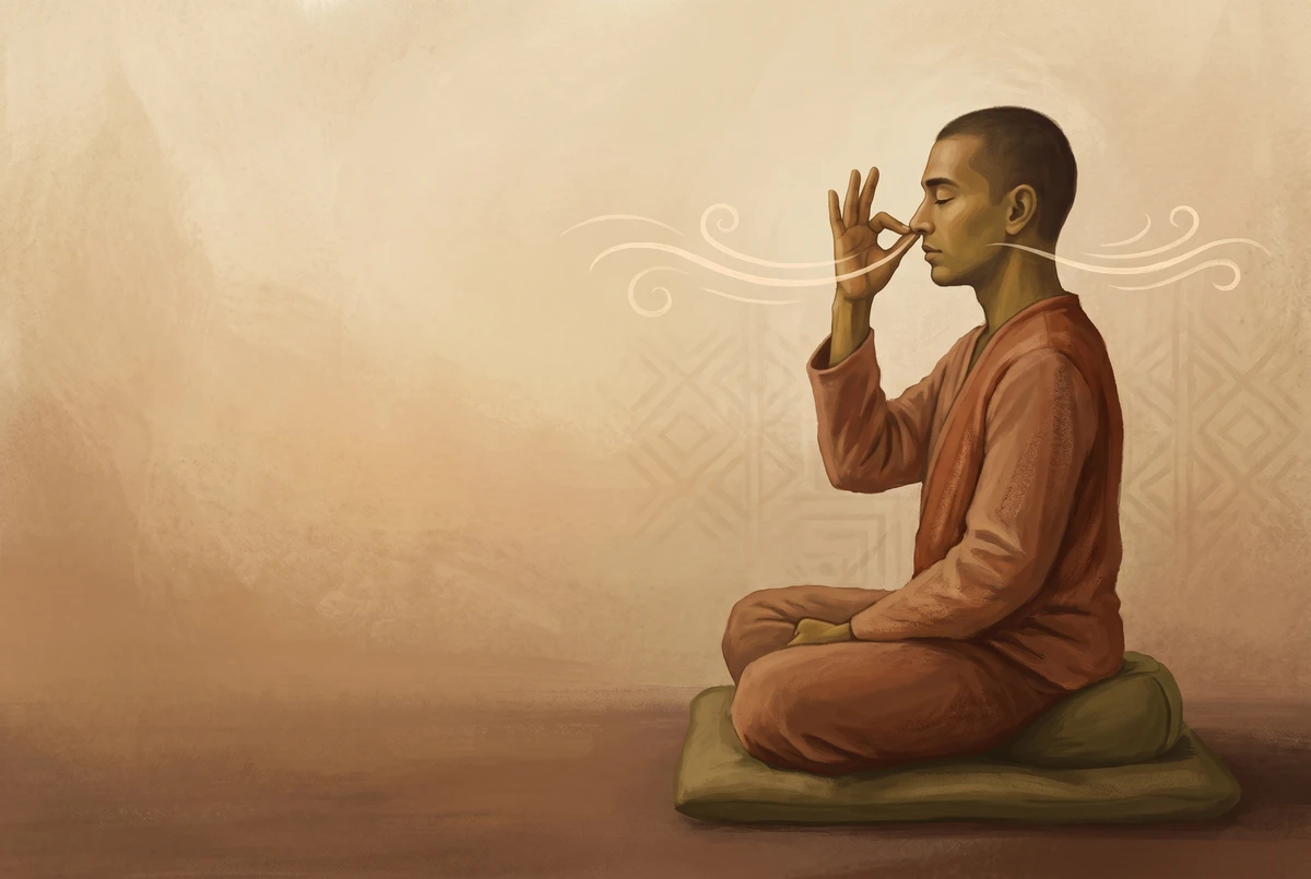 Side profile of a seated practitioner using the traditional hand mudra for nadi shodhana alternate nostril breathing, with breath flow suggested as gentle curved lines