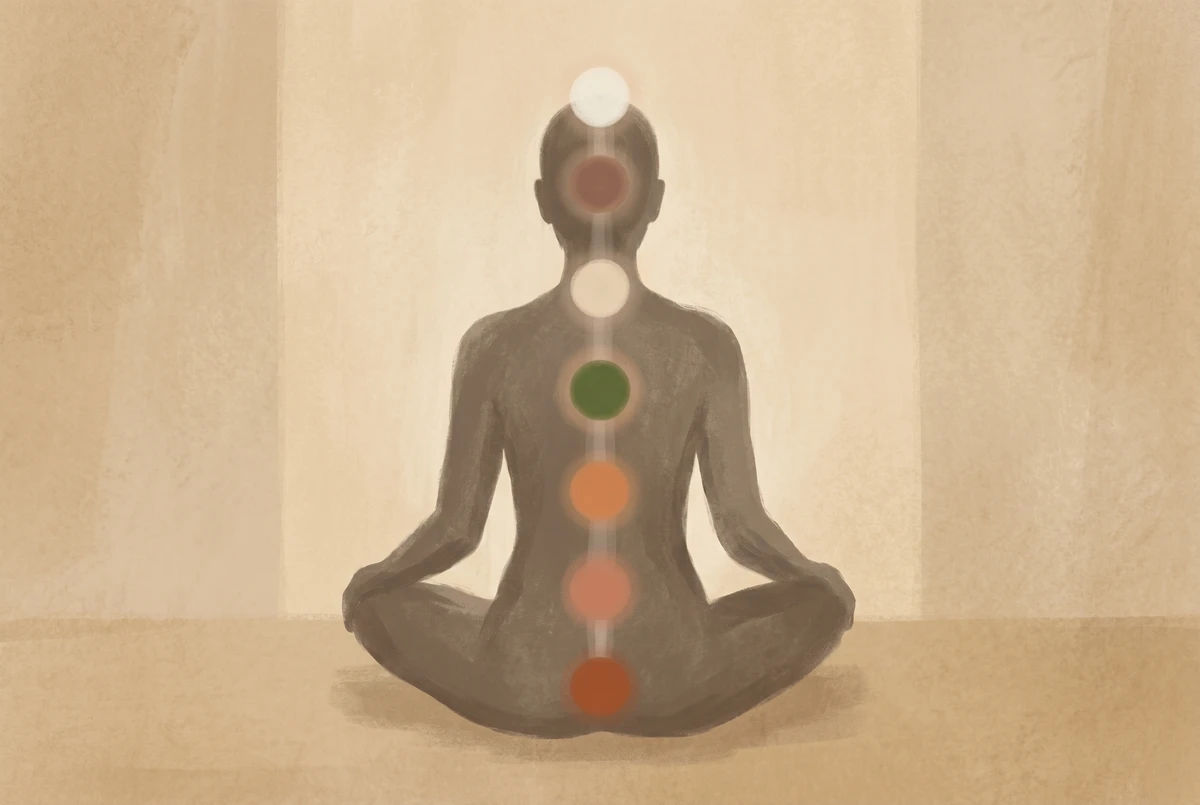 A seated silhouette from behind with seven softly glowing energy centers aligned along the spine, illustrating the chakra and kundalini model