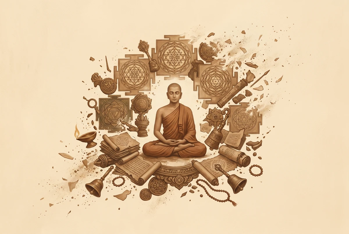 A calm seated meditator at the center of a warm cream space, with ornate ritual objects, scrolls, and decorative motifs drifting away and dissolving around them, illustrating the Axial Age reformers stripping inherited complexity back to direct practice.