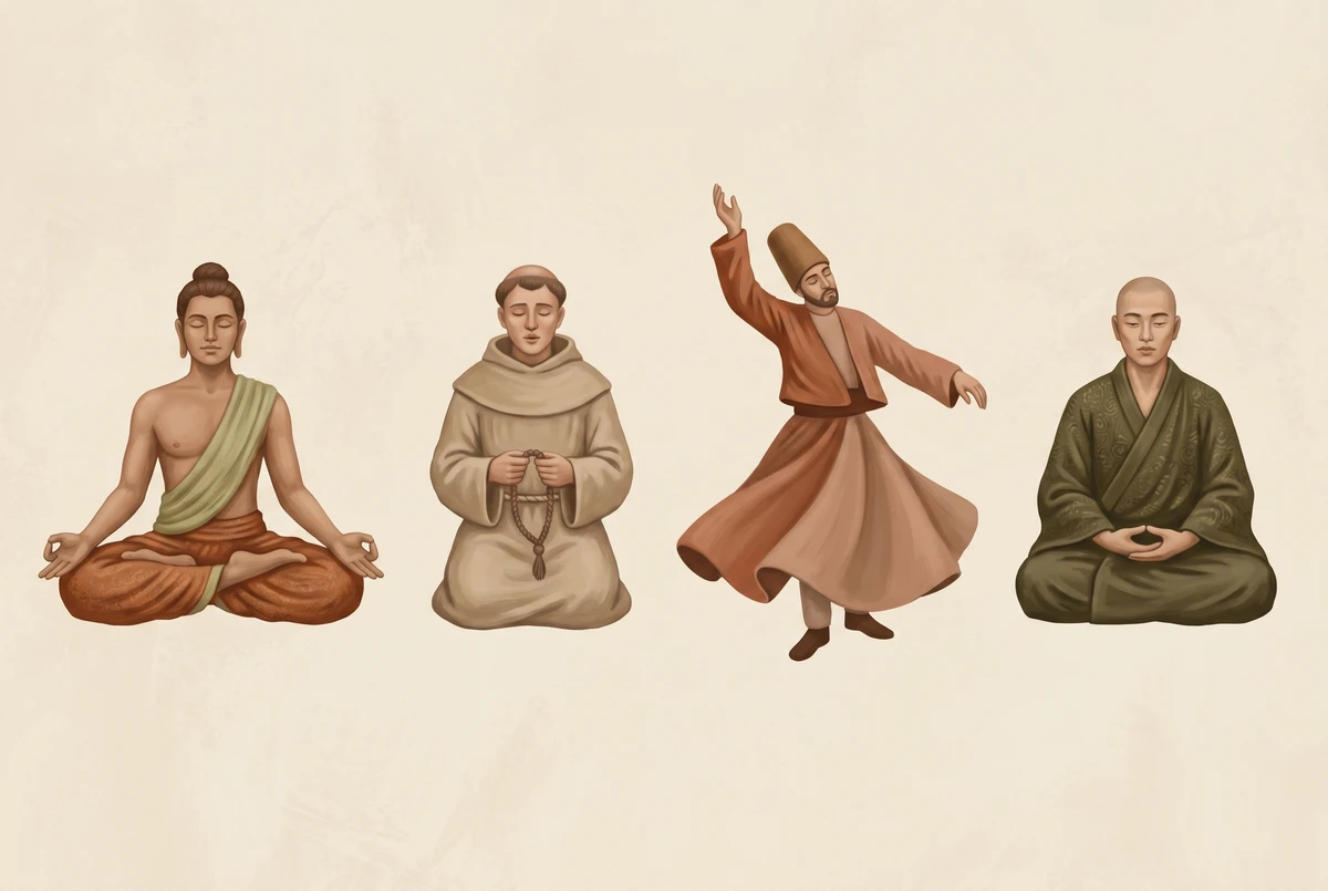 Four culturally distinct meditating figures arranged in a row, a yogi, a Christian monk with a prayer rope, a whirling Sufi, and a seated Zen practitioner, each in different dress but sharing the same underlying stillness, illustrating convergence on a handful of core techniques across disconnected traditions.