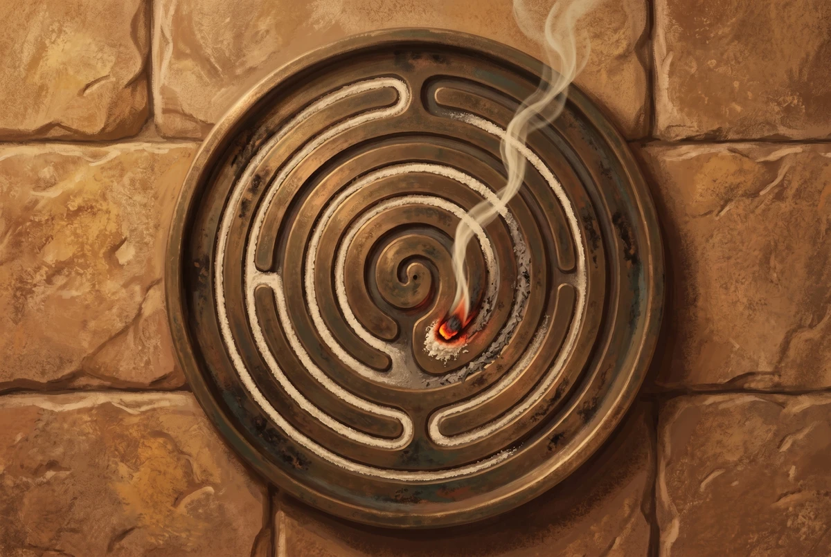 Overhead view of a bronze labyrinth seal incense clock with a glowing ember slowly tracing its spiral groove