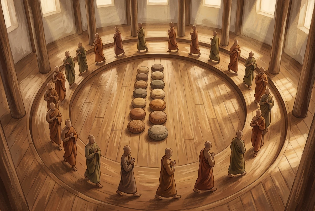 Overhead view of a temple hall with robed figures walking slowly in a circular path around central meditation cushions
