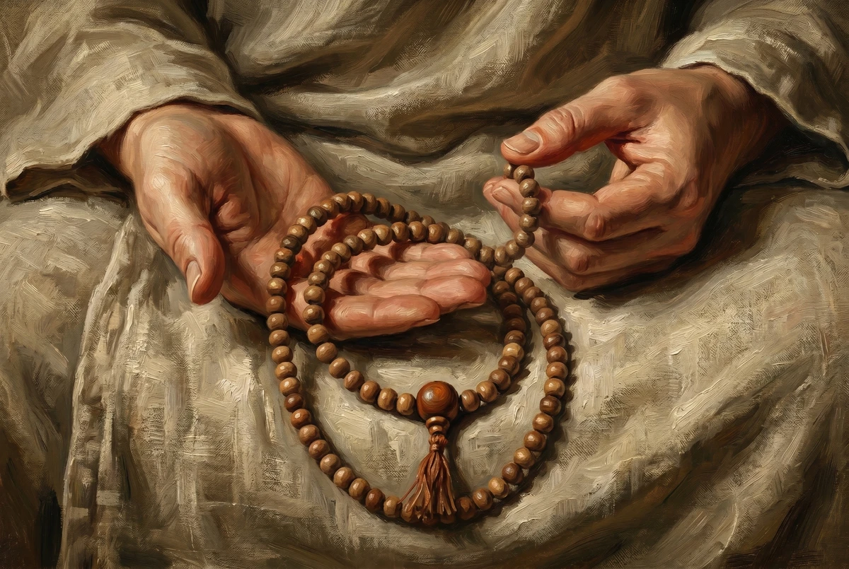 Hands in a lap counting beads on a wooden mala loop with a clearly distinct larger guru bead at the junction