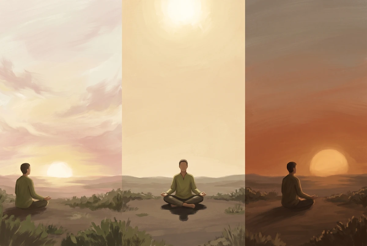 Triptych showing a seated figure meditating at sunrise, noon, and sunset, marking the three daily ritual times