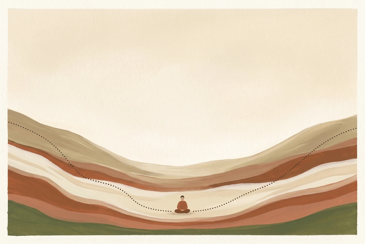 A small meditator at the bottom of a long shallow valley between two hills, visualizing the dead zone phase of habit formation