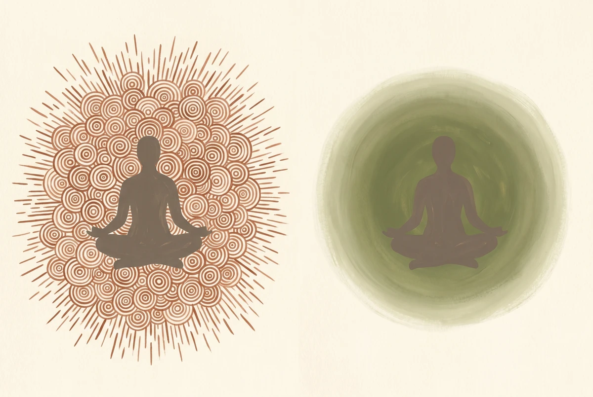 Two seated meditators side by side, one surrounded by many busy lines and the other by a single quiet halo, contrasting novice effort with expert effortlessness