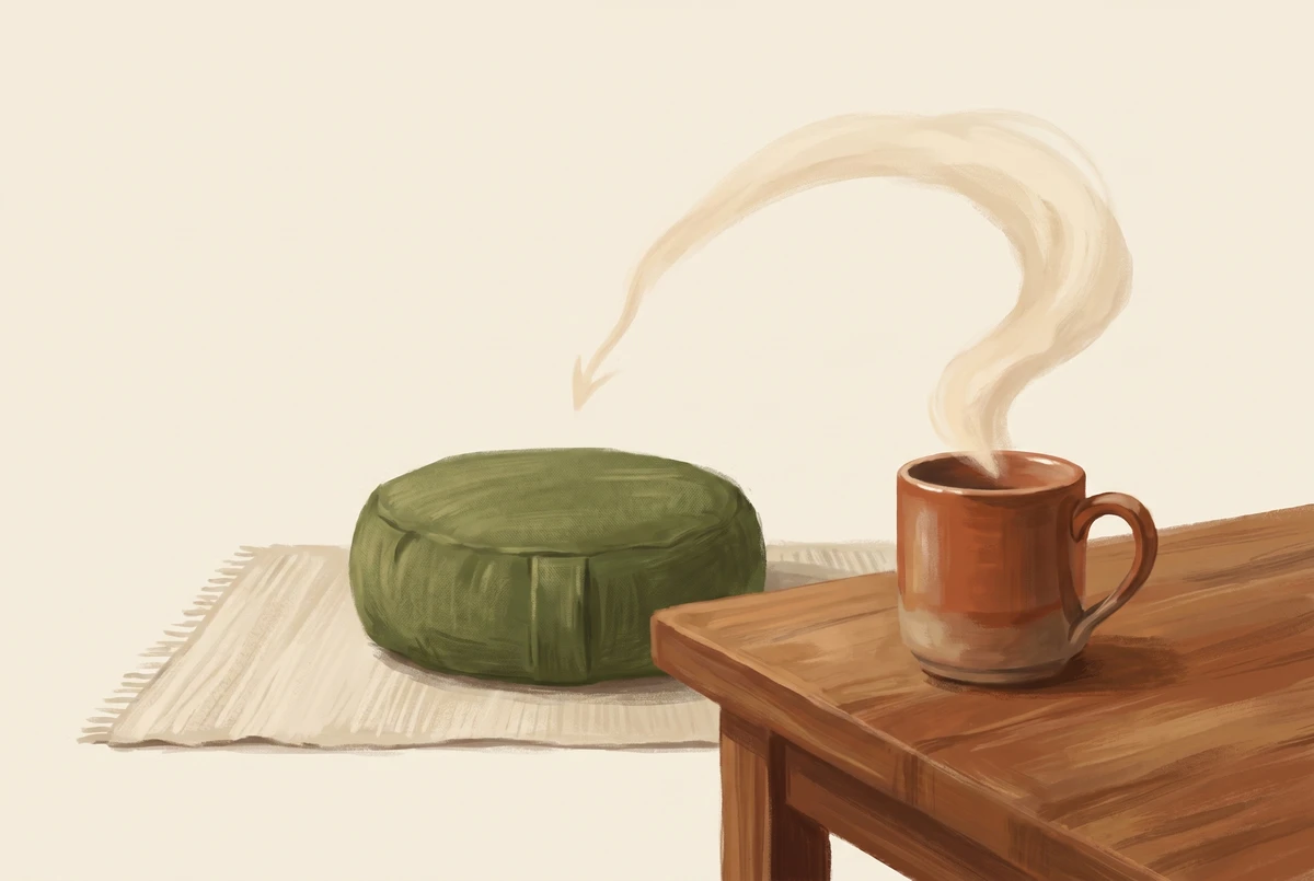 A coffee mug on a side table with steam curving toward a waiting meditation cushion, illustrating how to anchor meditation to an existing daily habit