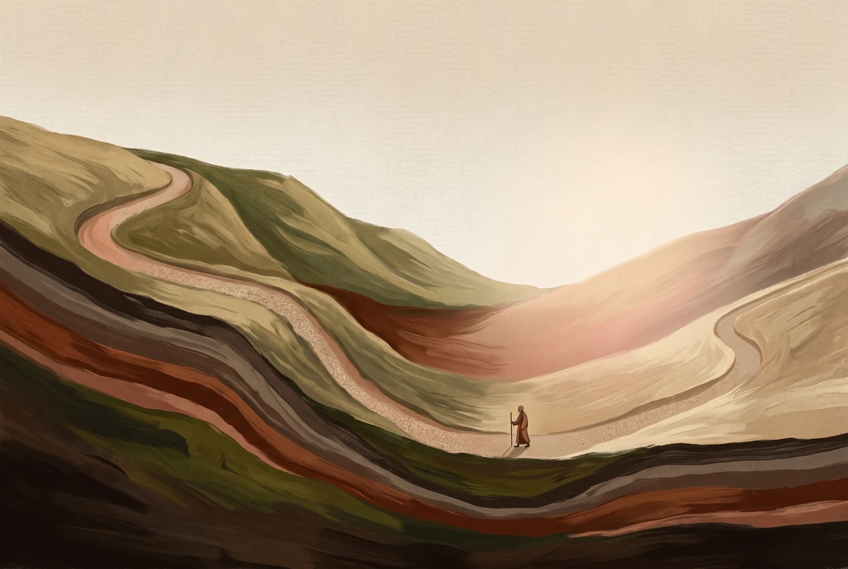 A tiny meditator figure walking through the lowest point of a gentle valley that rises ahead, illustrating the dead zone weeks before a habit becomes automatic