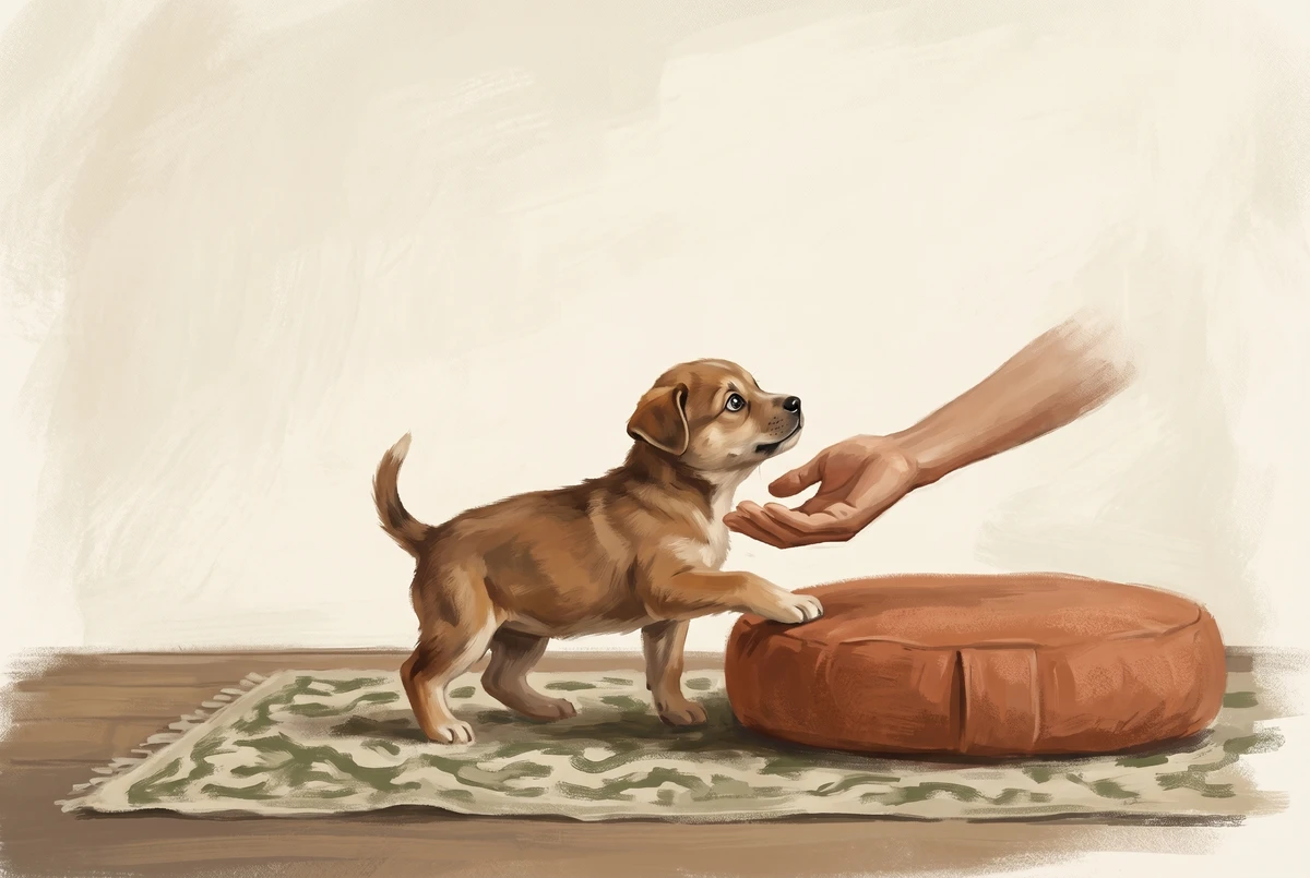 A hand gently guiding a wandering puppy back to a meditation cushion, illustrating how to treat a wandering mind during practice