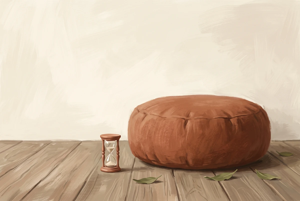 A tiny hourglass beside a meditation cushion, illustrating a deliberately small two-minute starting commitment