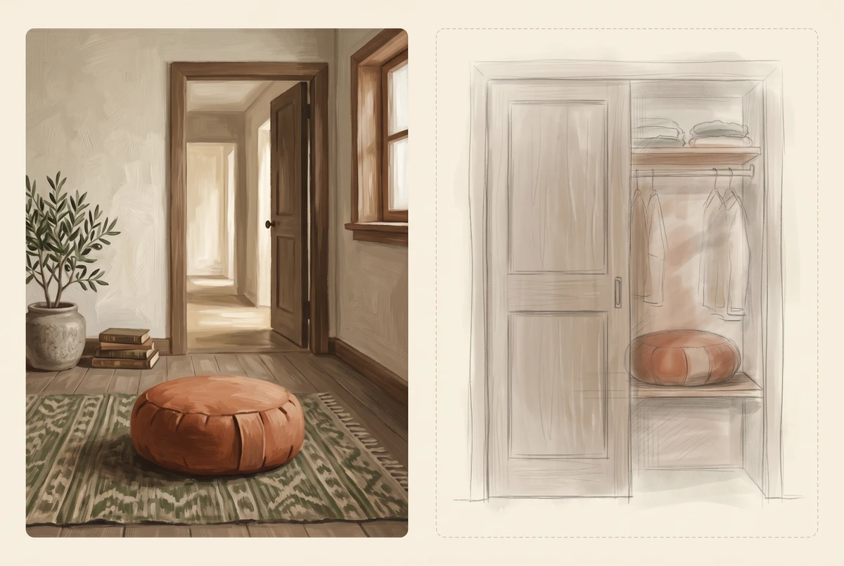 Side-by-side comparison of a meditation cushion visible in a room versus hidden in a closet, illustrating how environmental friction reduces habit formation