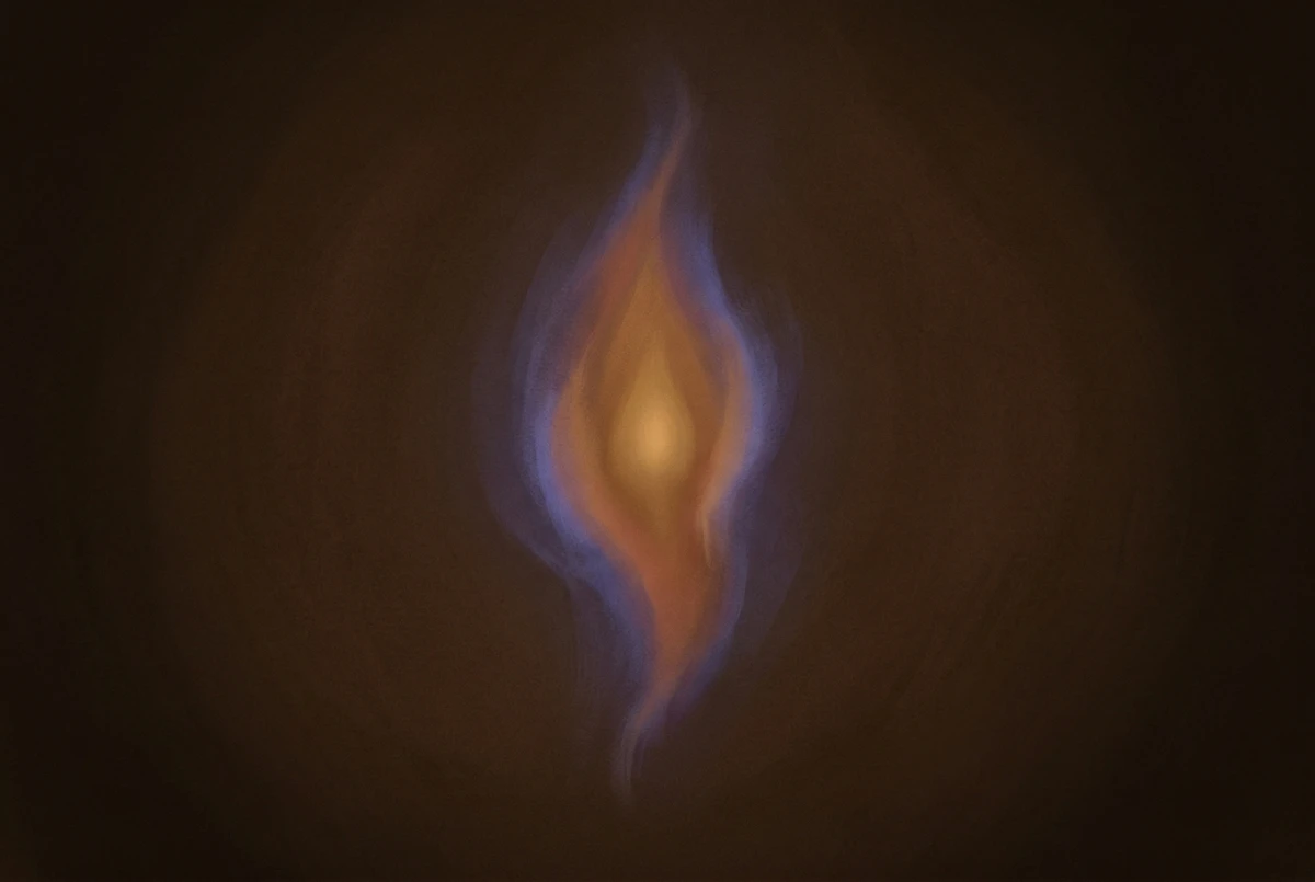 Ein leuchtendes flammenförmiges Nachbild in Komplementärfarben vor einem dunklen inneren Gesichtsfeld, das zeigt, was ein Übender bei geschlossenen Augen während trataka sieht