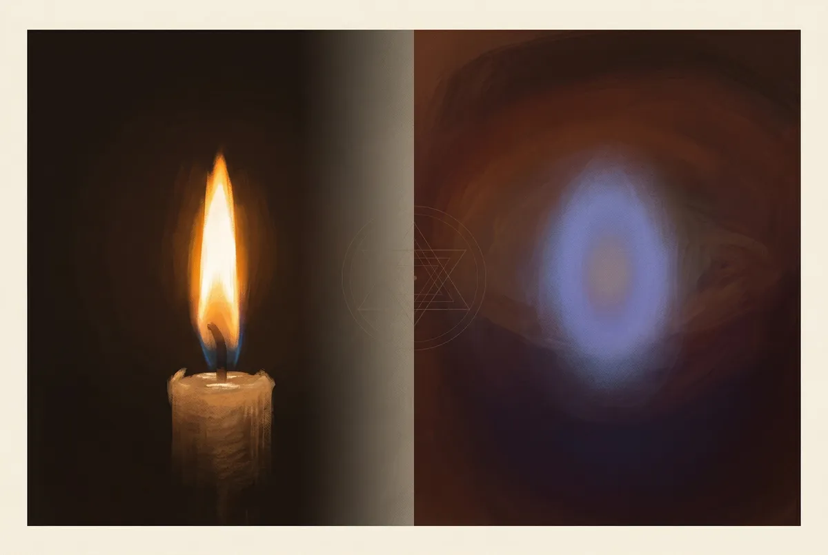 Vergleich einer Kerzenflamme und ihres komplementärfarbigen Nachbilds bei geschlossenen Augen